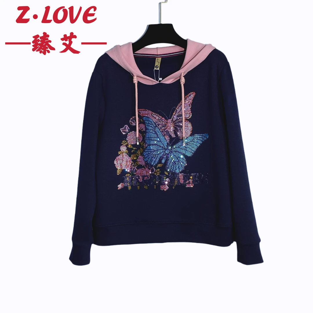 【宝石蓝蝴蝶共舞】欧韩时尚潮流连帽宽松常规秋冬拼接女款