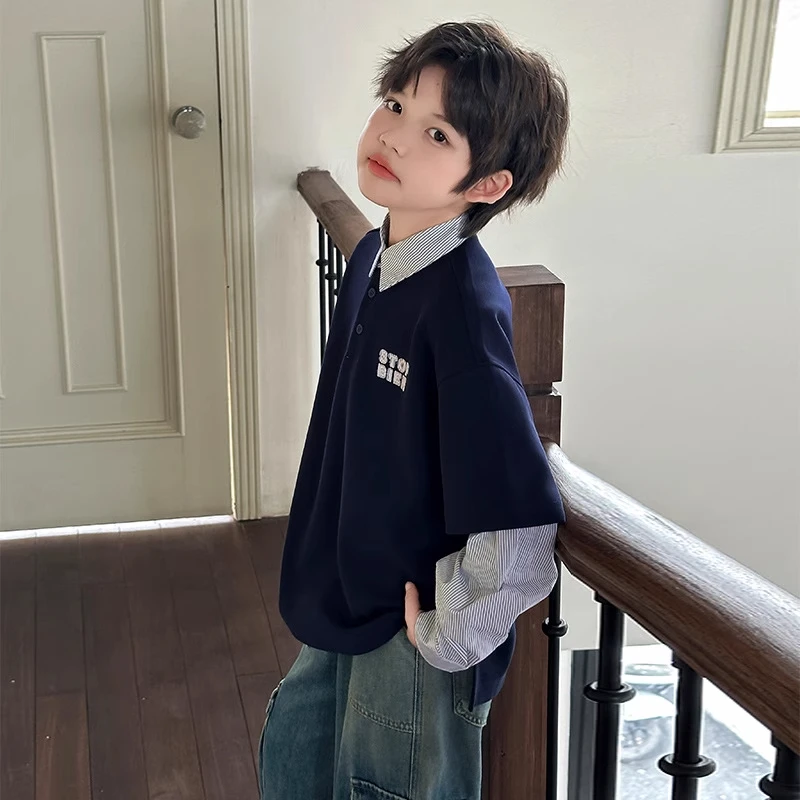 男童春秋韩范假两件polo衫卫衣2025新款儿童男孩秋装酷帅宽松上衣