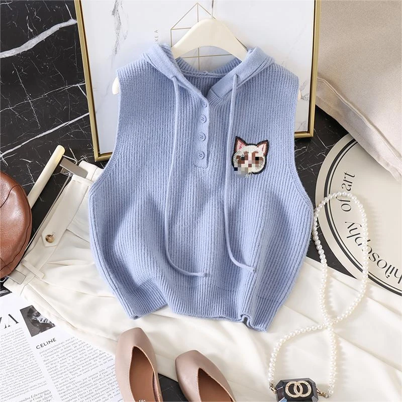 复古连帽针织女叠穿坎肩外搭毛衣马夹小众别致可爱风设计感猫咪