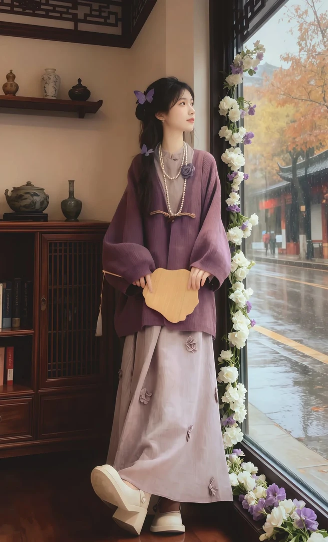 B1038+B1039秋季一整套新中式国风紫色针织开衫连衣裙气质套装