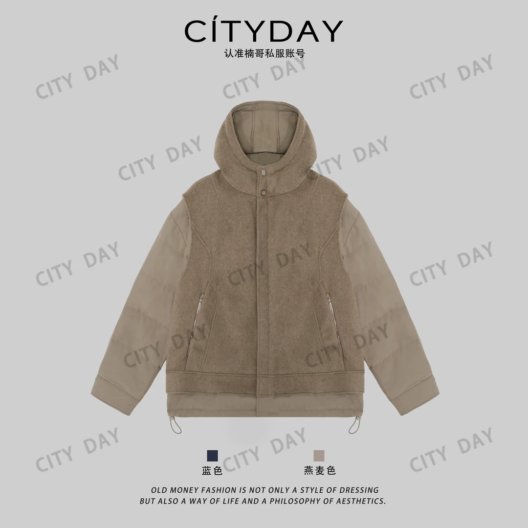 CityDay【楠哥】25年度黑标 90白鹅绒羊毛混纺假两件连帽外套 70350