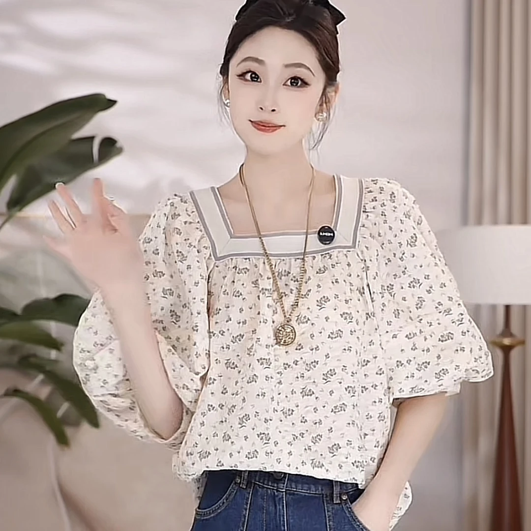 复古方领泡泡袖夏季设计感蓝色小众五分袖洋气宽松衬衣5300627