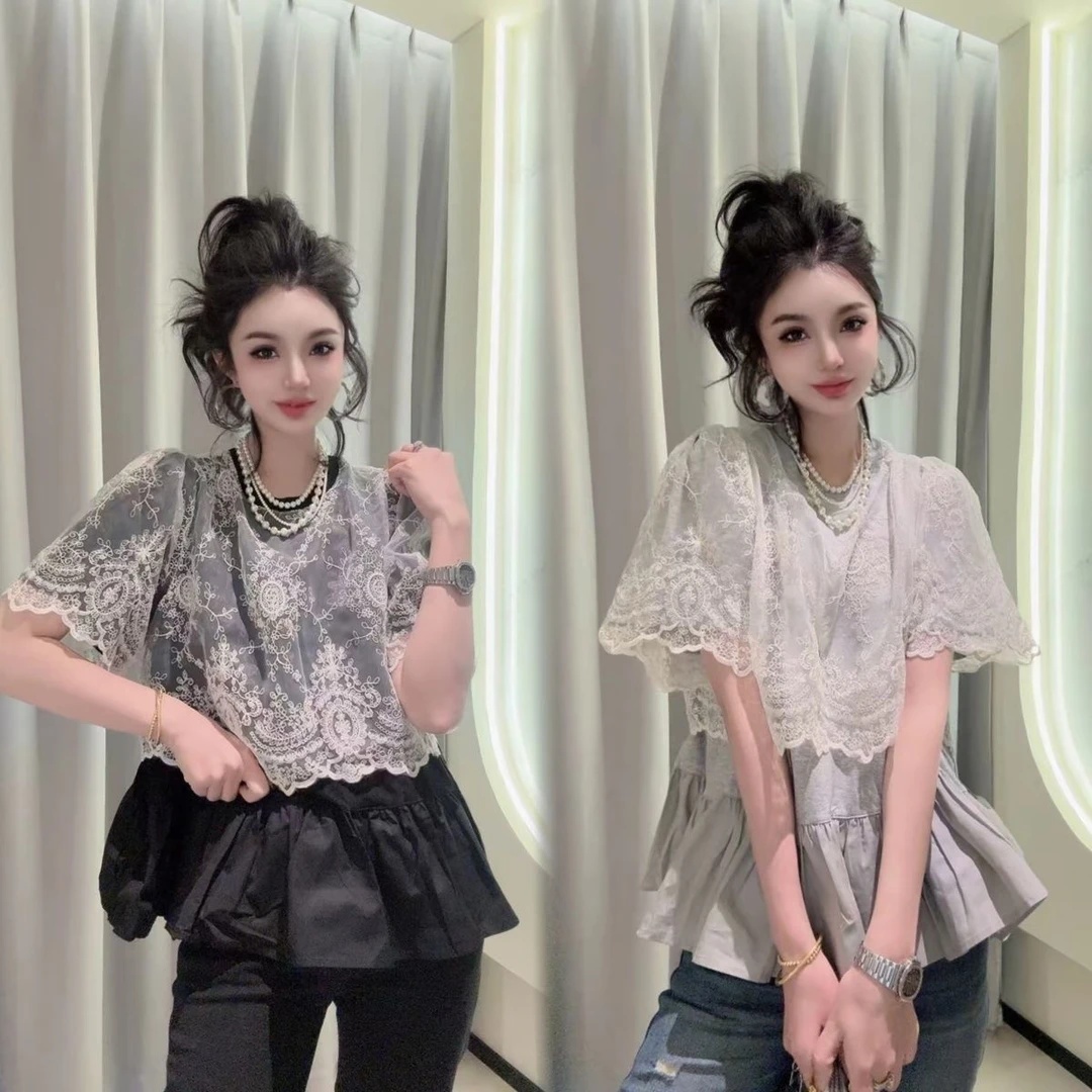 675欧货2025夏爆款拼接网纱荷叶边短袖t恤洋气时尚百搭显瘦潮流