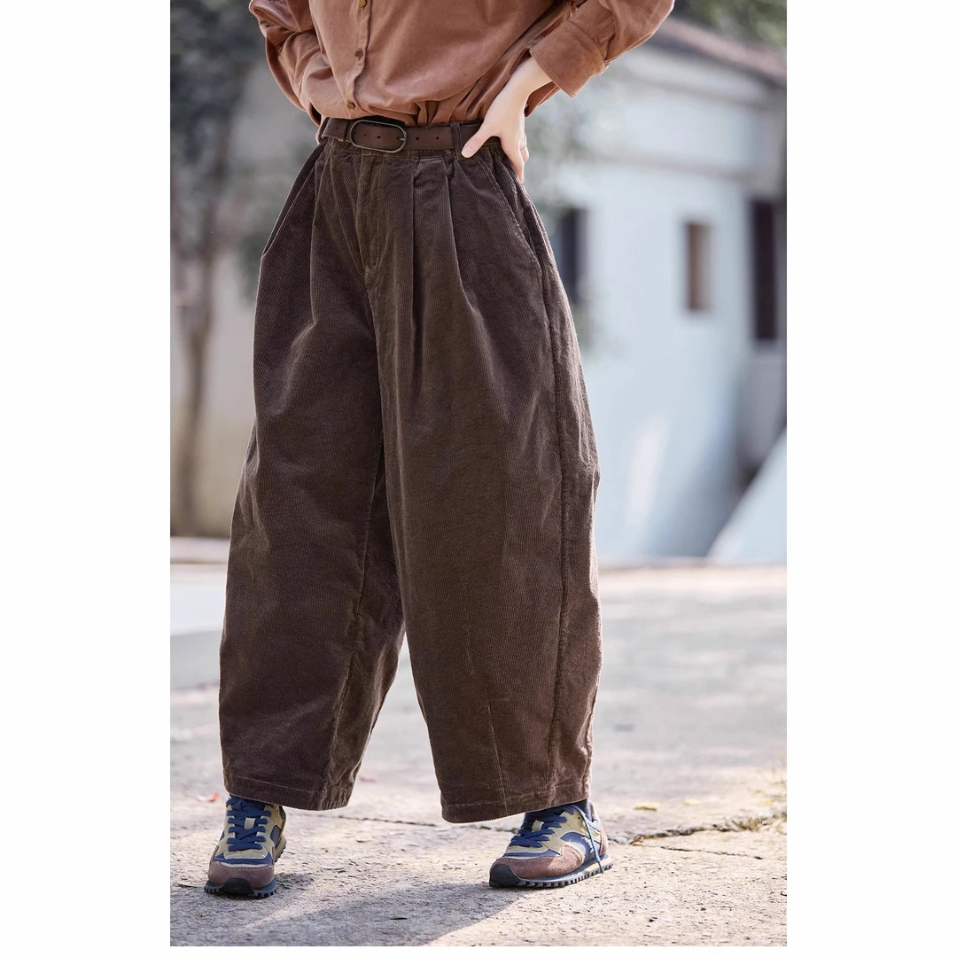 冬季新款文艺复古原创栗咖色宽松厚实灯芯绒松紧腰休闲萝卜裤加厚