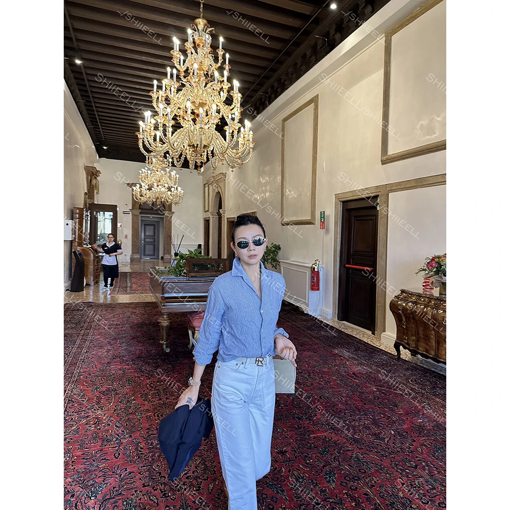 SHIIEELL【条纹控】高智感亚麻混纺细条纹撞色宽松长袖衬衫Z1113