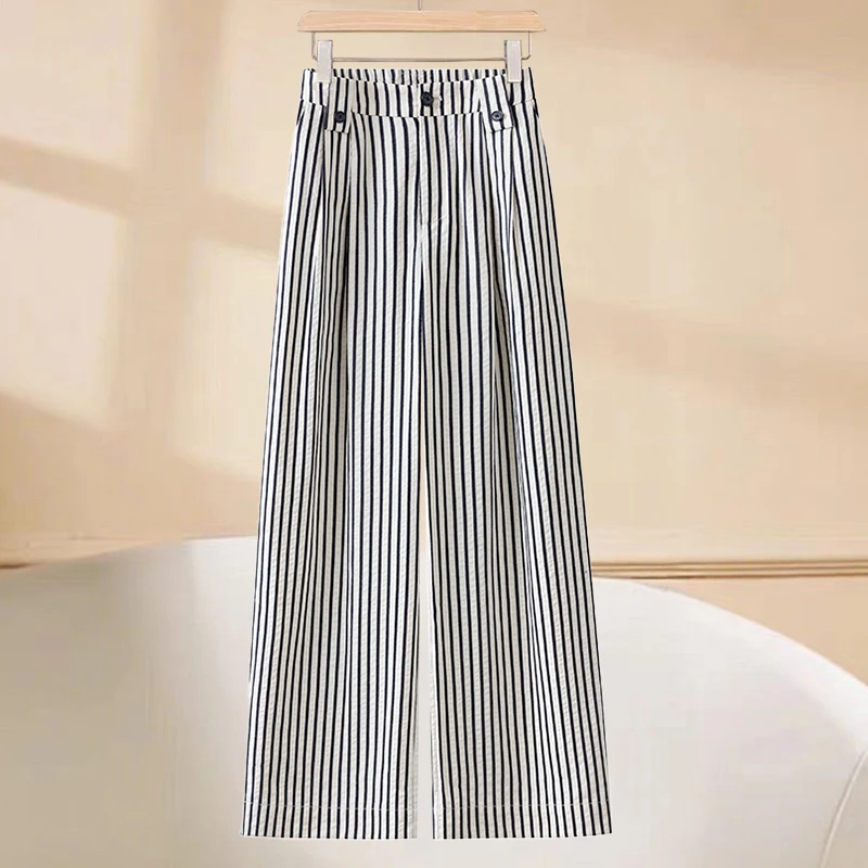 冰丝亚麻条纹阔腿裤女夏季薄款2025新款高腰宽松显瘦拖地直筒裤子
