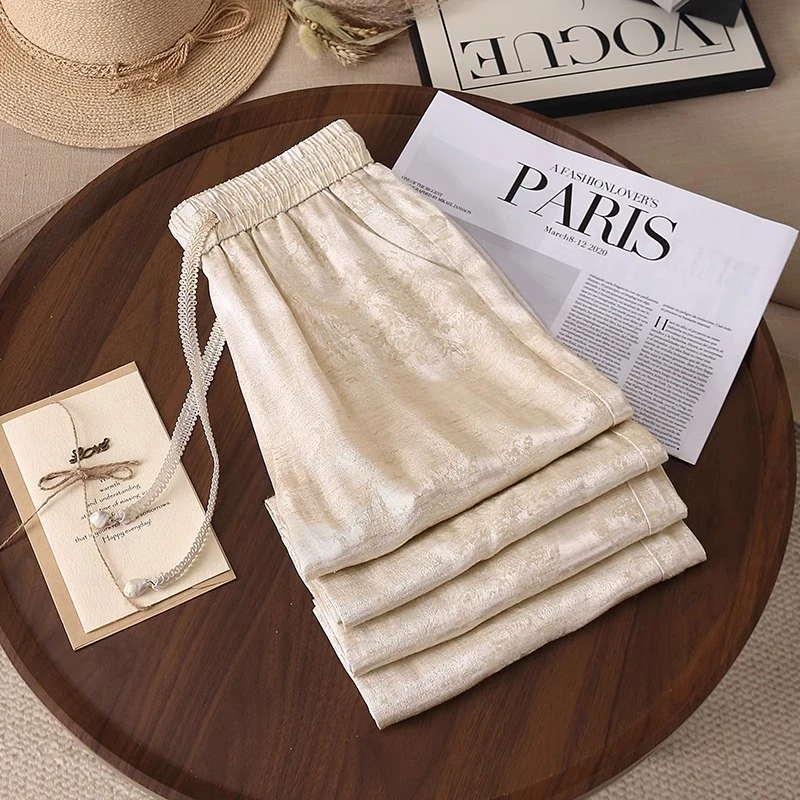 冰丝亚麻阔腿裤女夏季薄款2025新款高腰宽松垂感提花休闲直筒裤子