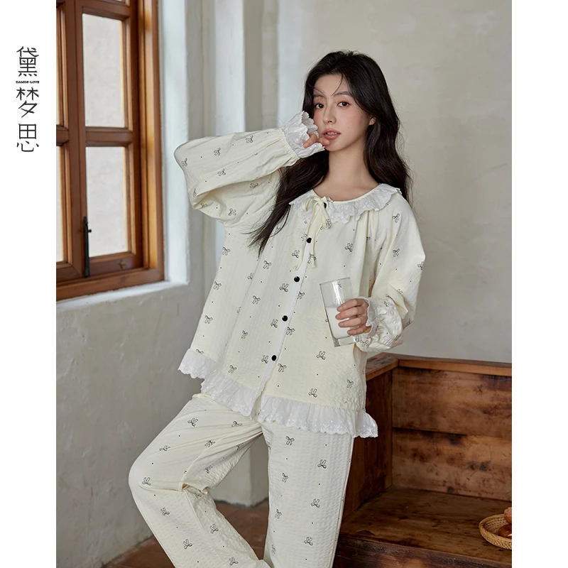 黛梦思2025年新款睡衣女春秋季纯棉长袖长裤家居服甜美公主风套装