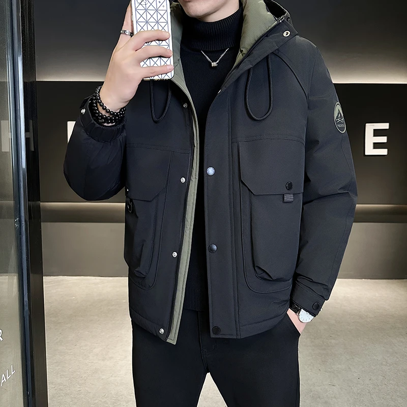 黑冰鹅HEIBINGE/男士连帽羽绒服2025冬加厚保暖宽松户外工装外套