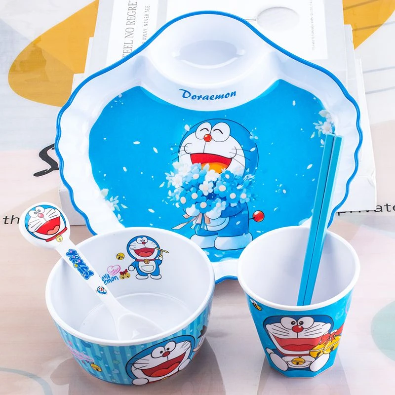哆啦A梦卡通儿童餐具家用饺子餐盘蓝胖子手把碗宝宝喝水杯分格盘