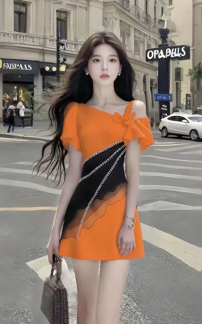 法式温柔甜美风时尚高端大气氛围感橙色斜领短袖收腰拼接连衣裙女