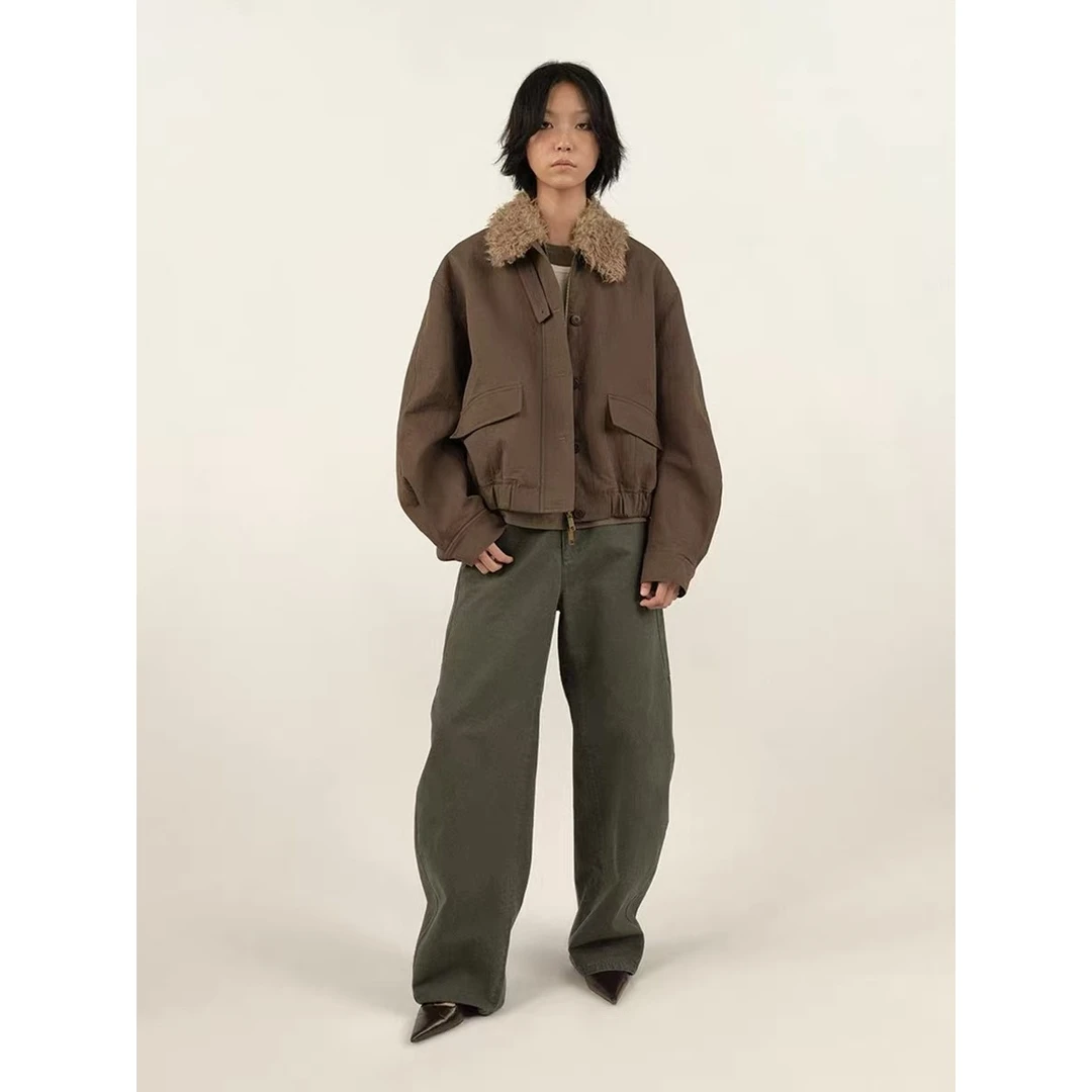精致时髦感秋冬翻毛领美拉德色系复古风短款羽绒服   AW25708