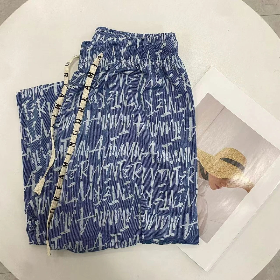 阔腿裤印花透气百搭花色高腰夏季夏款休闲裤牛仔裤063