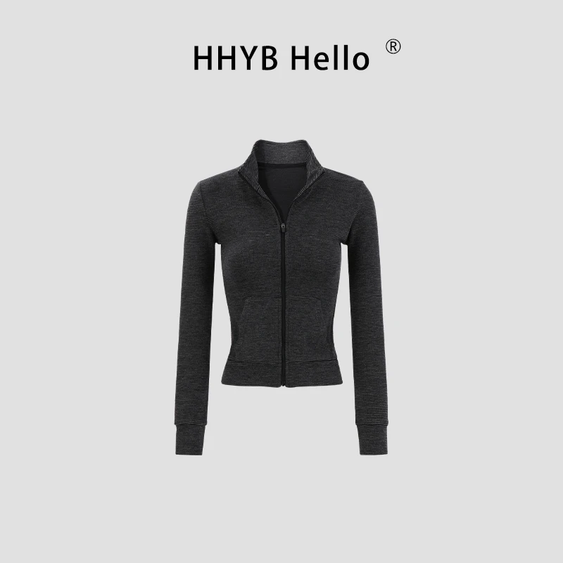 HHYB Hello2025秋休闲韩系条纹立领拉链修身长袖T恤小外套Q250817