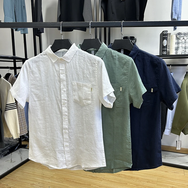 100亚麻！亲肤透气简约休闲舒适短袖衬衫夏季宽松衬衣薄 Y5T1418
