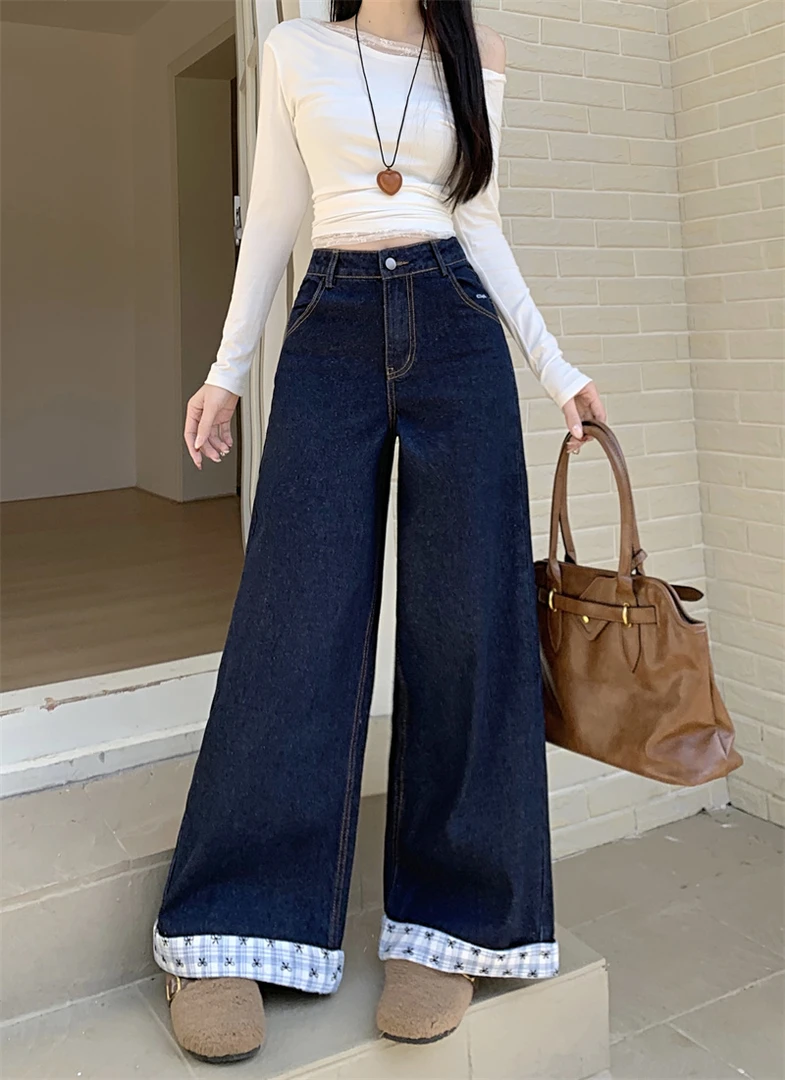 美式复古字母刺绣格子拼接阔腿牛仔裤女春季宽松显瘦直筒拖地裤子