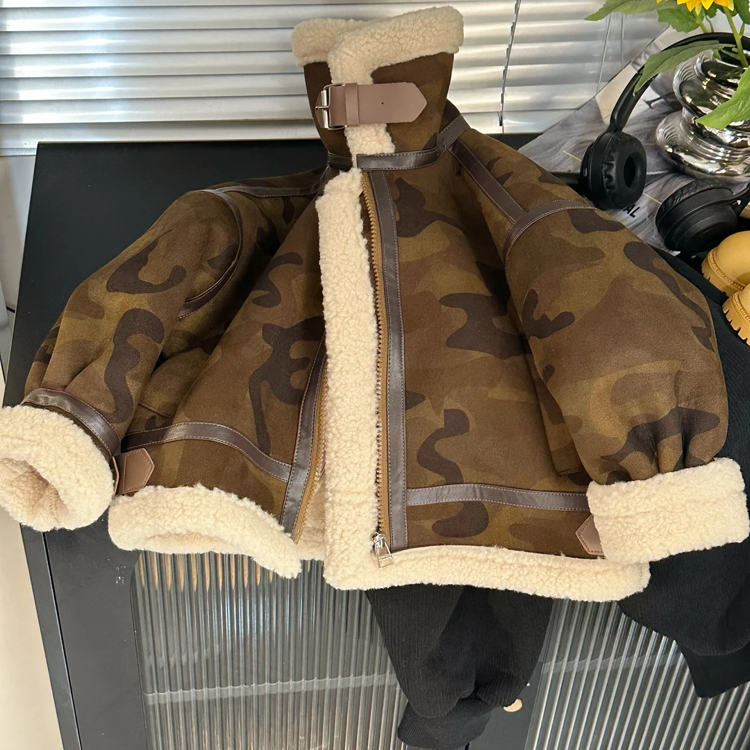 《升级款》儿童中大童亲子款加绒迷彩做旧街头风拼接立领保暖皮衣