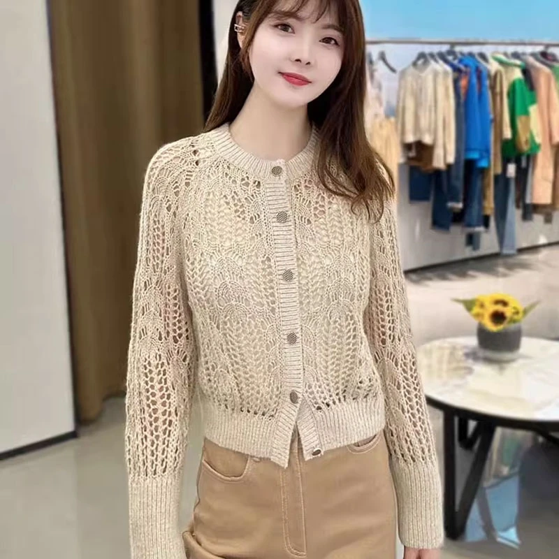 {专柜}商场同款2025春夏百搭圆领镂空长袖针织开衫外套女5499244