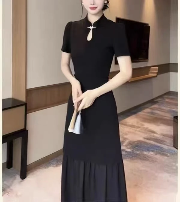 561-C-简约纯色显瘦遮肉新中式大码女装鱼尾连衣裙