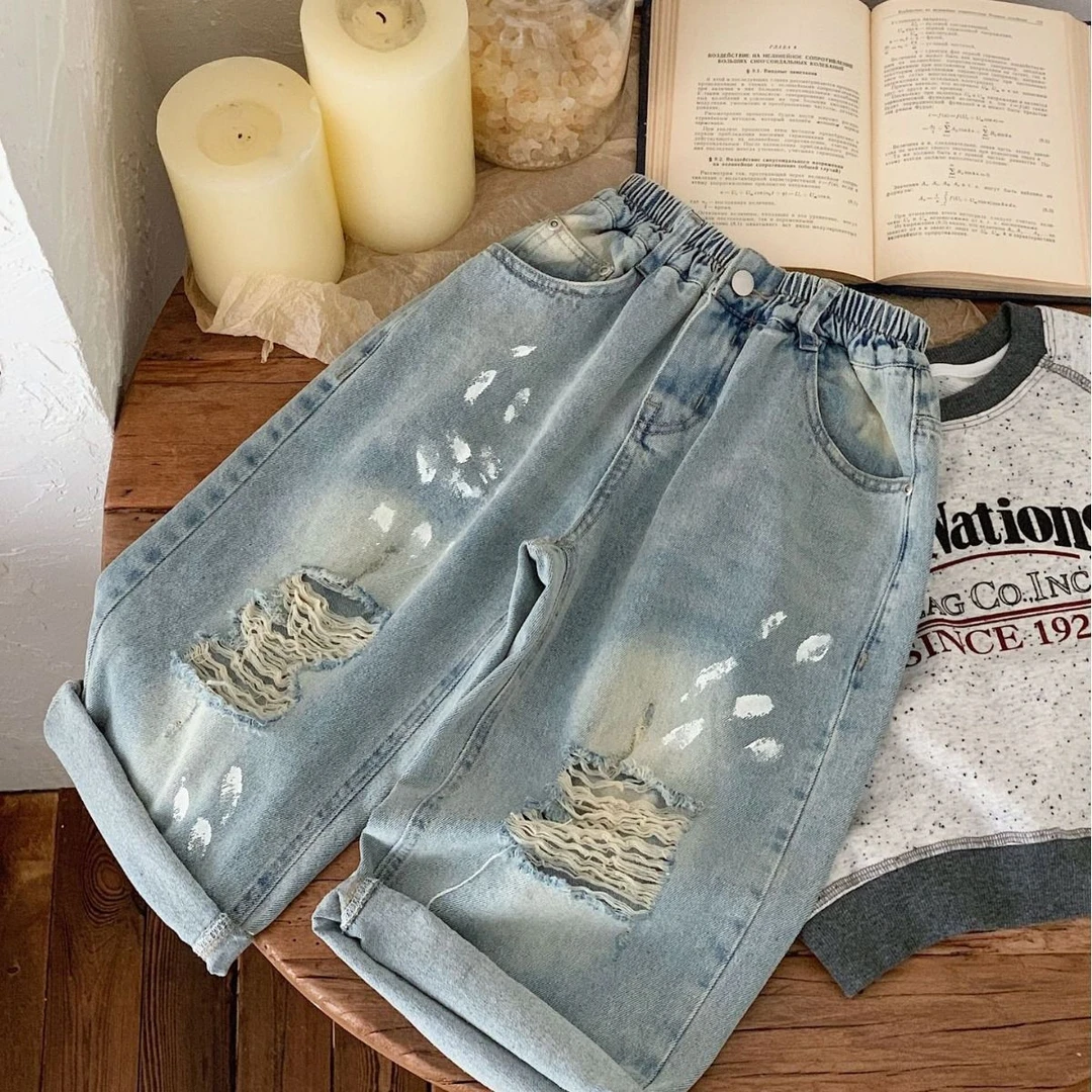 百搭夏季阔腿薄款儿童牛仔裤年春装男女童个性喷漆宝宝破洞长裤装