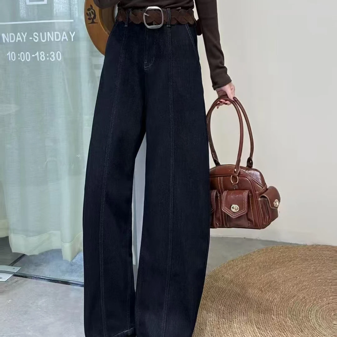 （不褪色牛仔）秋冬加绒加厚显瘦垂感宽松直筒休闲阔腿长裤女