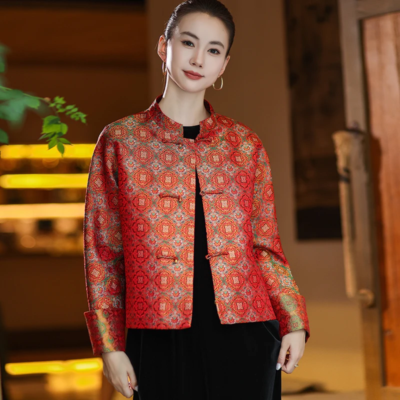 【珑月】新中式红色国风穿搭高级感时尚宽松织锦缎国风上衣外套女秋