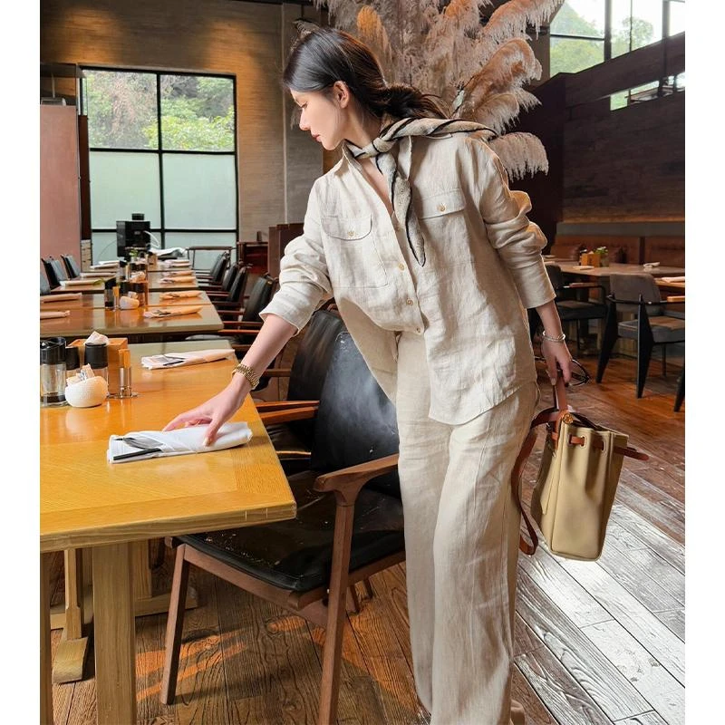 法式高端亚麻休闲衬衫套装女春秋2025新款气质减龄衬衣两件套