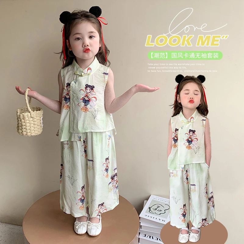 古风夏季童装厚款无袖卡通森系女童套装复古女常规