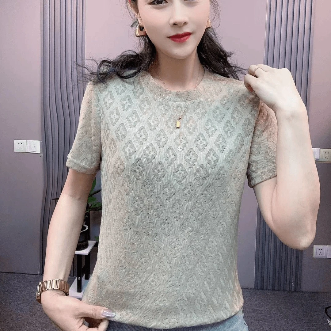 中年妈妈装纯色短袖T恤镂空针织衫