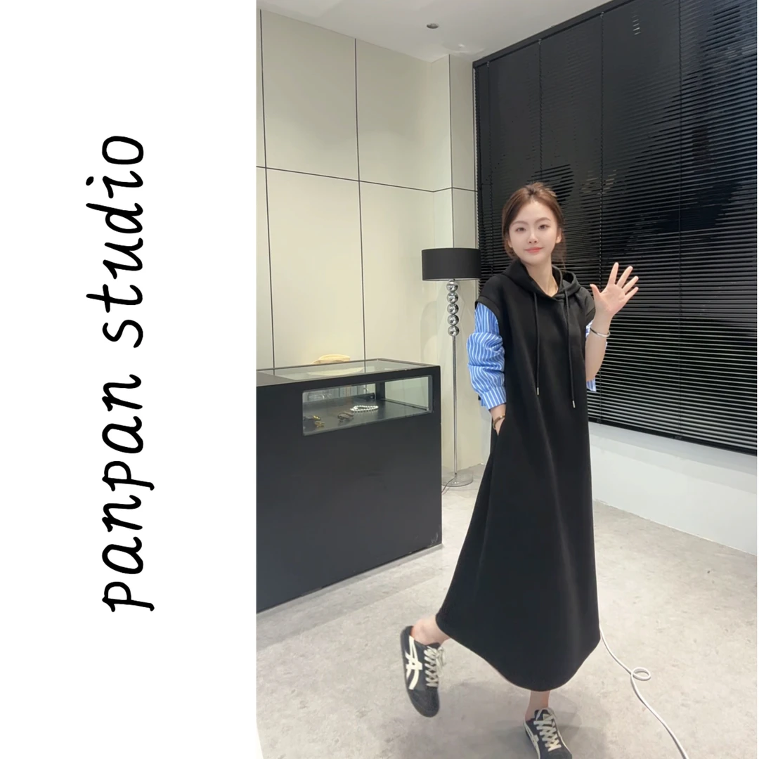 周老板/2025新款袖子拼接连帽假两件长款显瘦百搭连衣裙