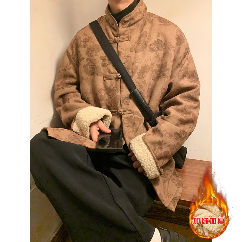 中国风斜襟汉服羊羔绒棉衣男外套冬季新中式盘扣唐装加绒加厚棉服