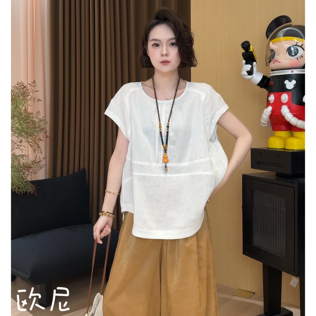 欧尼私服 2025夏圆领百搭宽松简约薄款显瘦上衣2506C3532