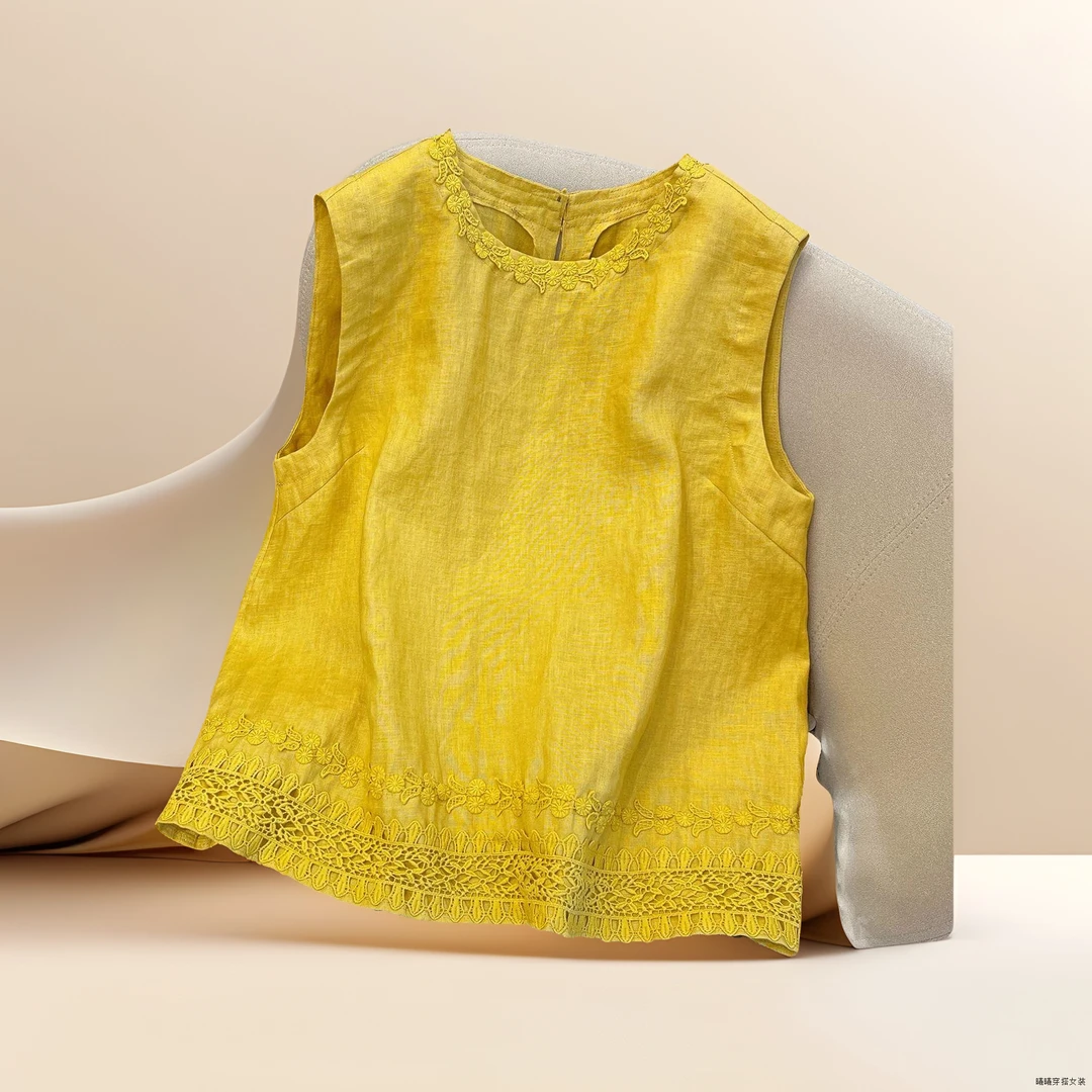 森系风格女款2025夏季刺绣圆领无袖黄色简约百搭气质blokette背心