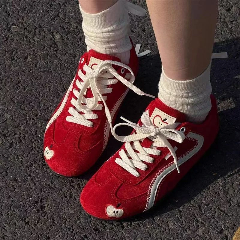 红色德训鞋女2025新款春季百搭运动休闲鞋复古赛车鞋软底阿甘鞋子
