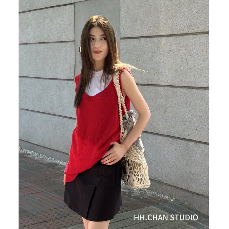 HH.CHAN“热情亚麻”100%亚麻夏季针织显瘦红色无袖背心HH52E35977