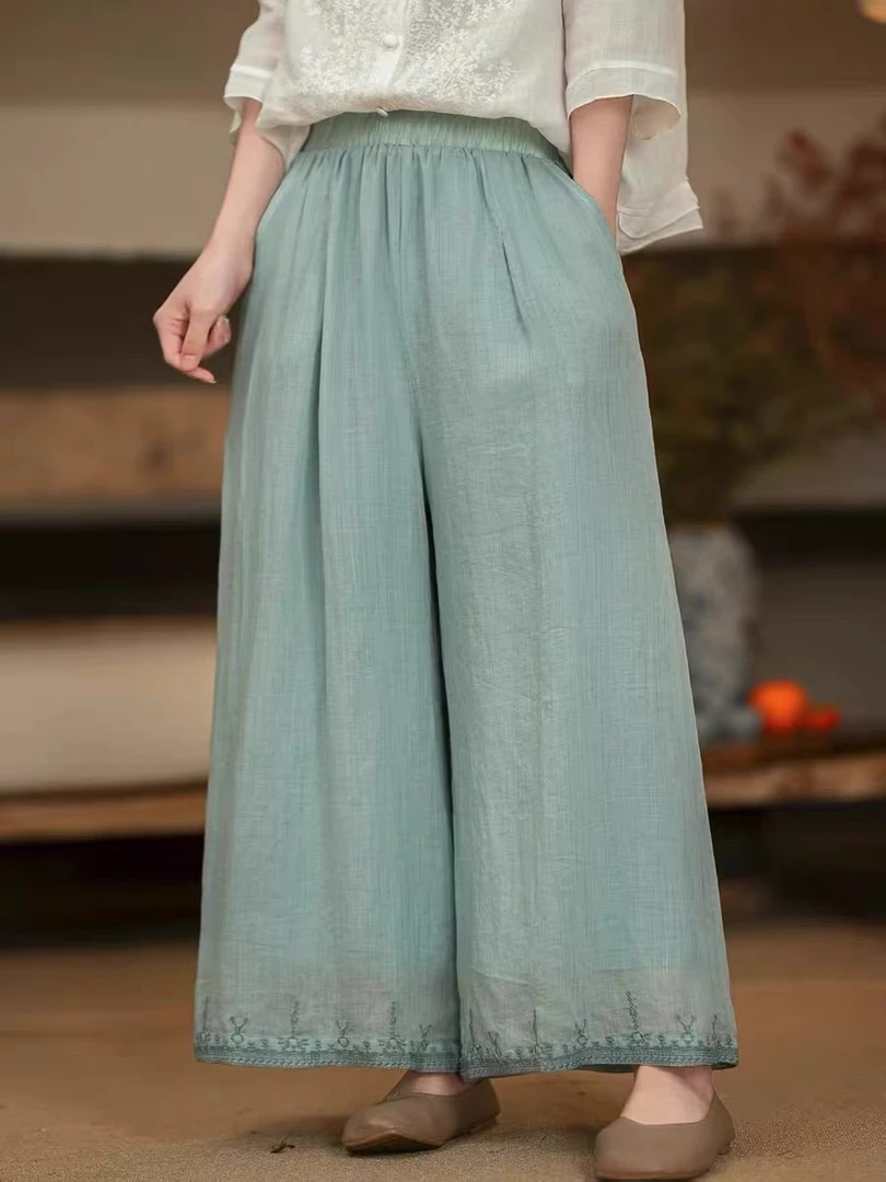 2025春夏新款复古休闲宽松苎麻阔腿裤女松紧腰显瘦绣花直筒裤长裤