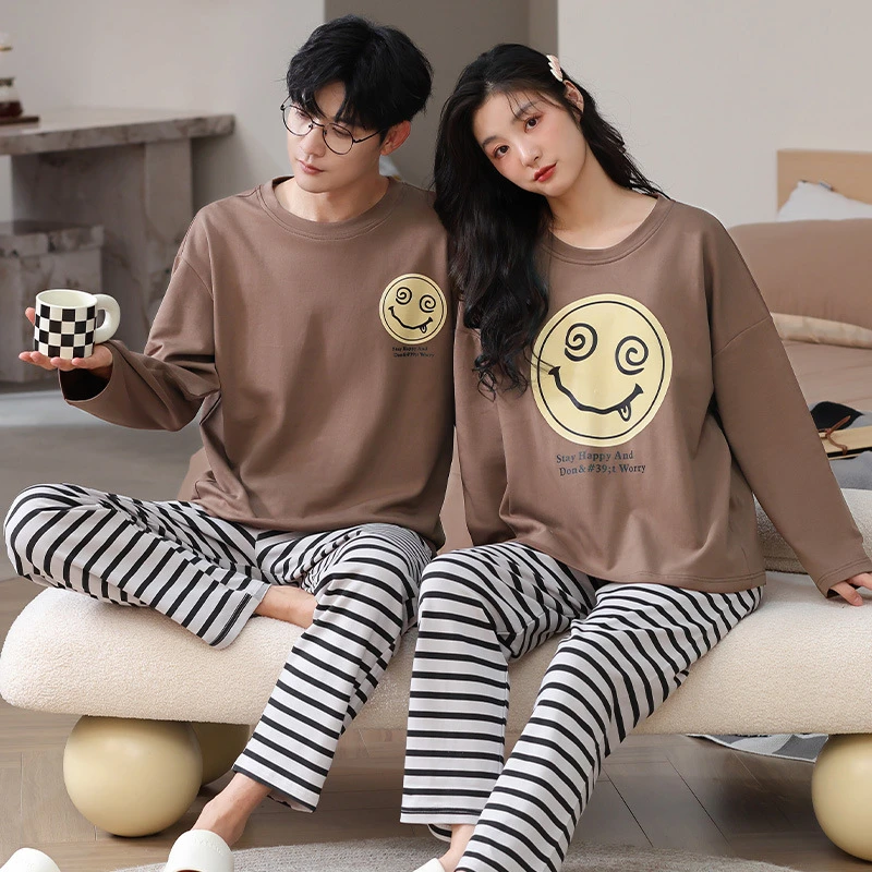 秋冬款新款情侣睡衣女春秋可外穿条纹家居服男士休闲大码长袖套装