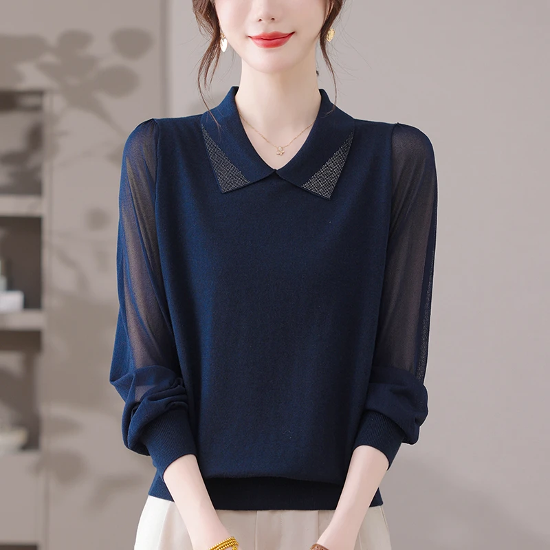 烫钻Polo领上衣女秋装2025新款大码宽松遮肚子显瘦洋气针织打底衫