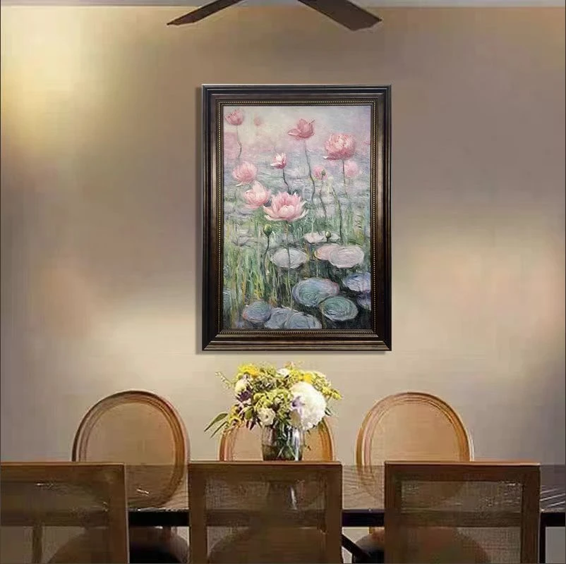 莫奈睡莲油画美式玄关装饰画法式走廊过道花卉挂画荷花壁画高级感