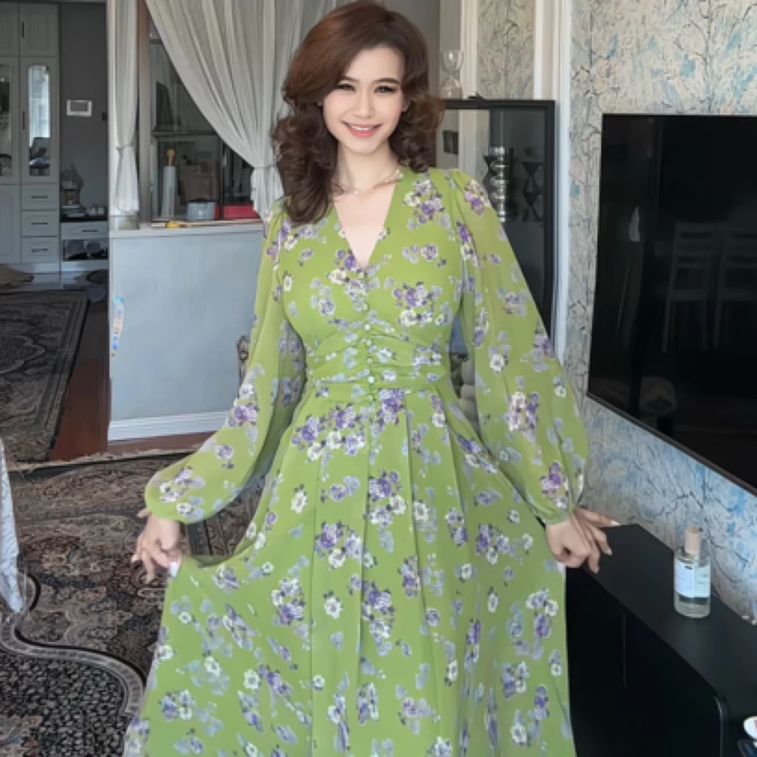 新款法式雪纺绿色小碎花显瘦长袖连衣裙（达）