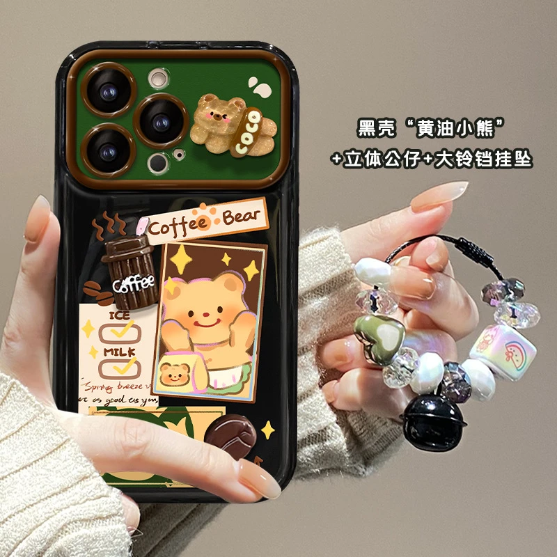 黄油小熊公仔挂坠适用苹果14手机壳iphone13翻盖镜子12可爱卡通11