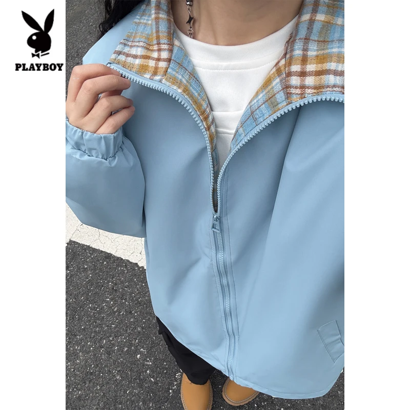 花花公子2025格子拼接夹克男春秋设计感无帽上衣美式翻领情侣外套