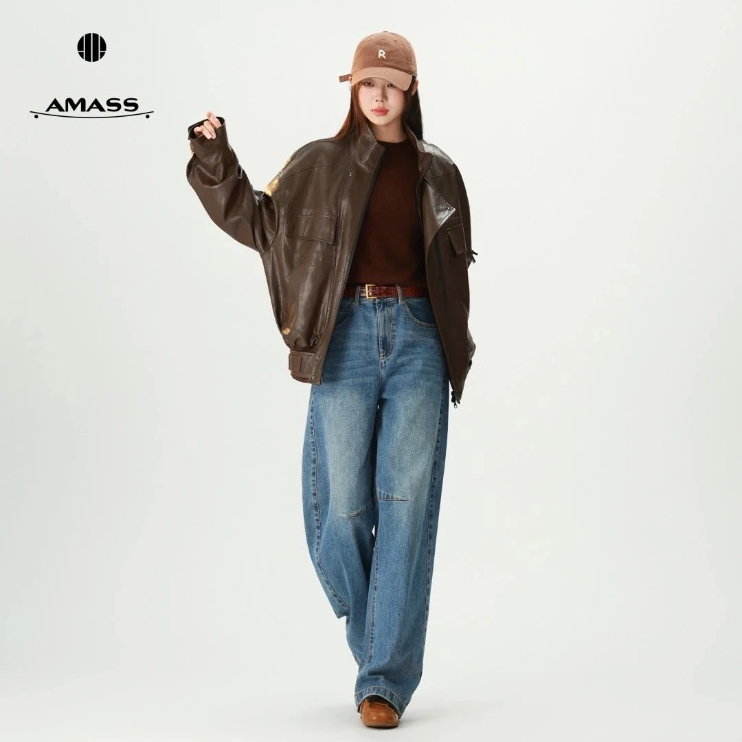 AMASS/阿玛施新款冬日暖系流光风质感宽松时尚复古皮衣外套540091