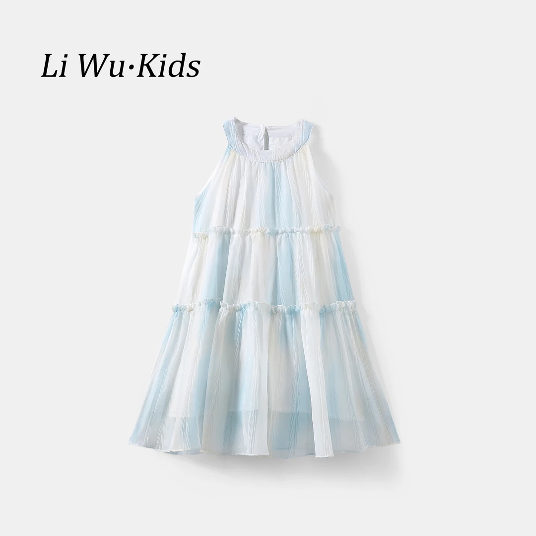 女童夏季连衣裙蓝色波西米亚风长裙短袖公主风渐变连衣裙公主裙