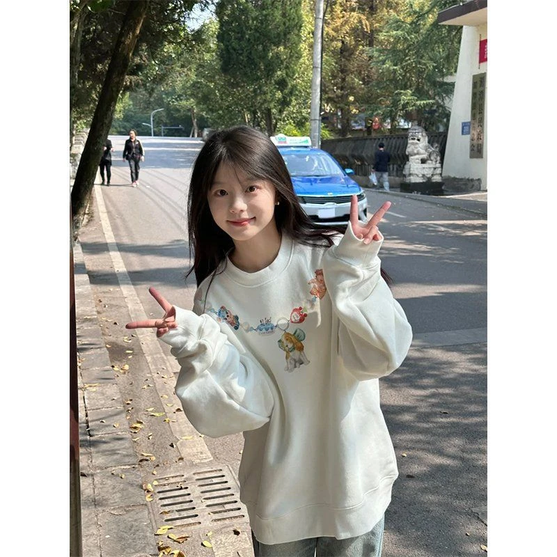 韩版宽松加绒加厚圆领长袖卫衣女秋冬学生白色设计感小众休闲上衣