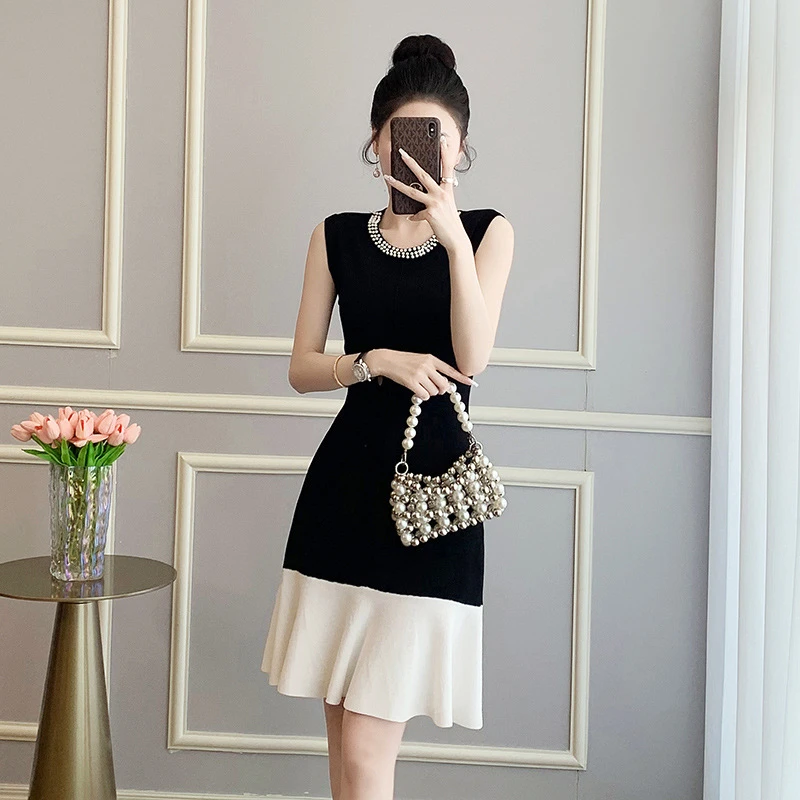 夏季法式小香风气质无袖冰丝针织连衣裙女收腰鱼尾裙赫本风小黑裙