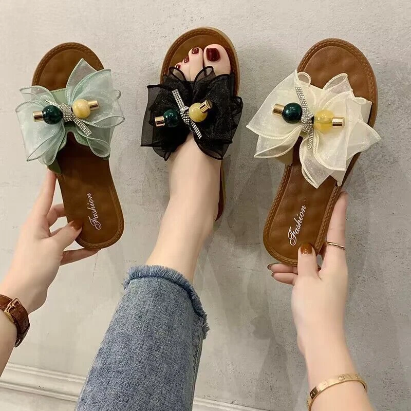 时尚韩版蝴蝶结凉拖鞋女夏季新款网红居家外穿百搭软底平底漏水