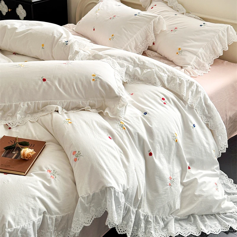 美作师法式复古浪漫水洗棉四件套公主花边被套全棉新款床上用品