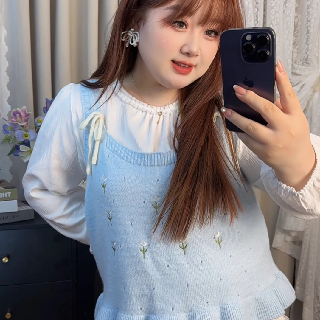 韩系花边领衬衫针织花朵吊带马甲胖mm2025早秋款显瘦宽松大码女装