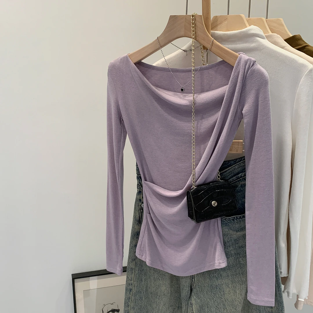 莫代尔羊毛不规则斜肩长袖T恤女秋季2025新款绝美巨好看的小上衣